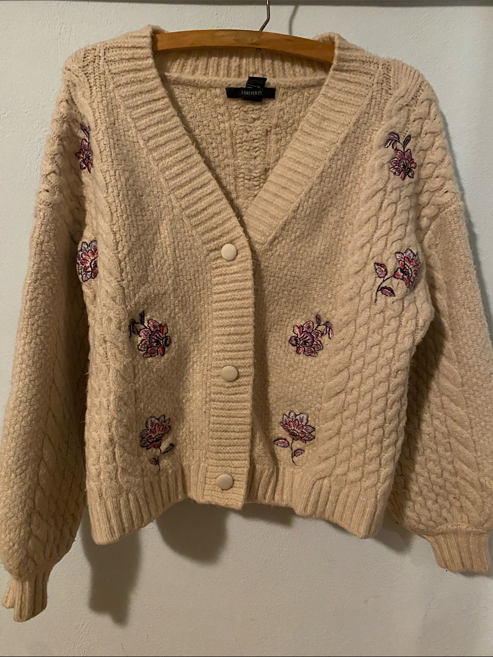 Forever 21 Cream Cable Knit Cardigan with Pink Floral Embroidery
